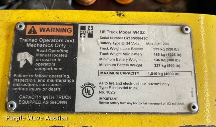 image for item MU9790 Hyster W40Z Pallet jack