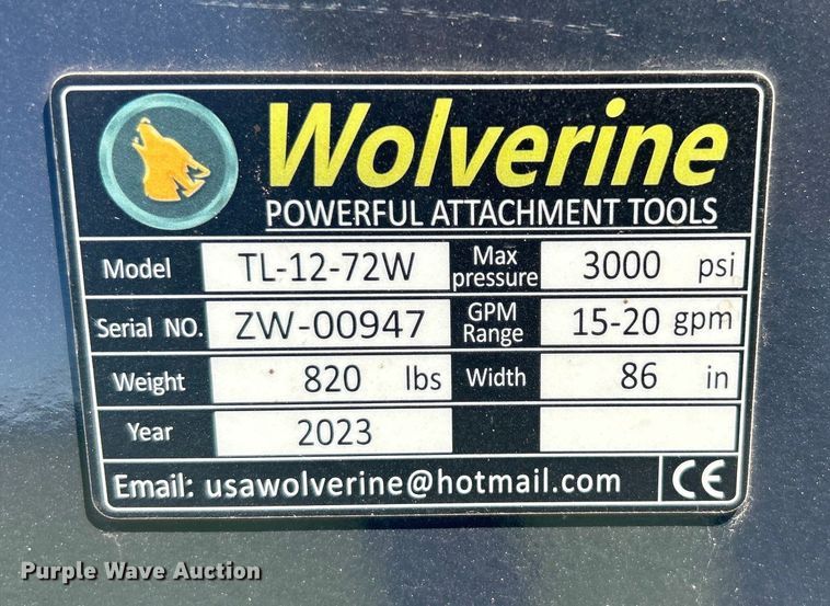 image for item NB9433 2023 Wolverine  TL-12-72W skid steer tiller