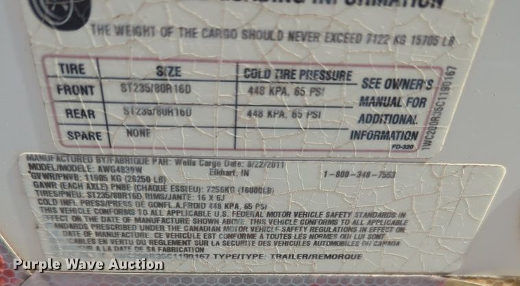 image for item NG9897 2012 Wells Cargo AWG4839W enclosed cargo trailer