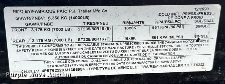 image for item NL9863 2021 PJ Carhauler Tilt T6222 tilt deck equipment trailer