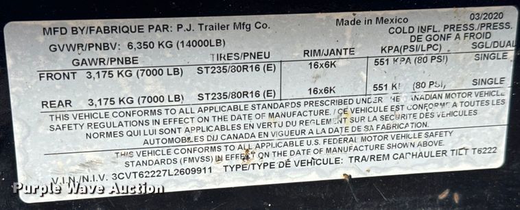 image for item NL9864 2020 PJ Carhauler Tilt T6222 tilt deck equipment trailer