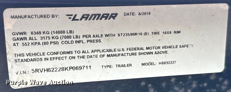 image for item NL9865 2019 Lamar H6832227 equipment trailer