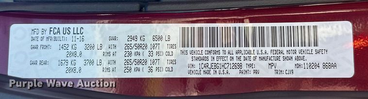 image for item NR9972 2017 Jeep Grand Cherokee Limited  SUV