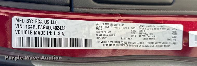 image for item NR9973 2020 Jeep Grand Cherokee  SUV