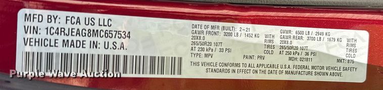 image for item NR9976 2021 Jeep Grand Cherokee  SUV