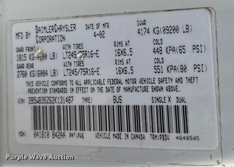 image for item NR9992 2002 Dodge  Ram Wagon B3500 van