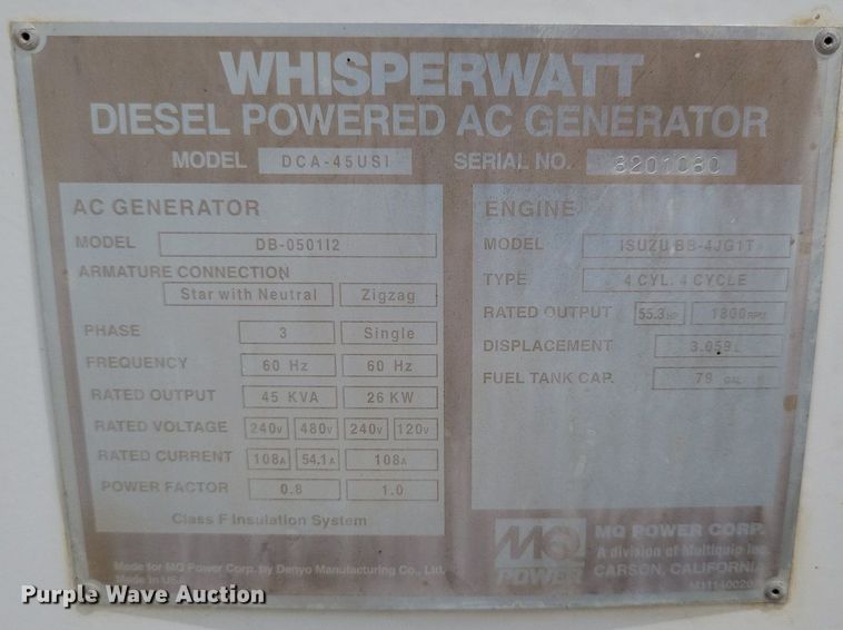 image for item DG0636 Whisperwatt DCA-45USI generator