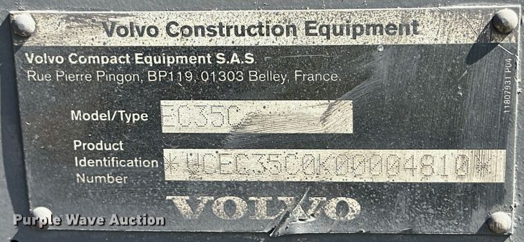 image for item DG4423 2011 Volvo EC35C mini excavator