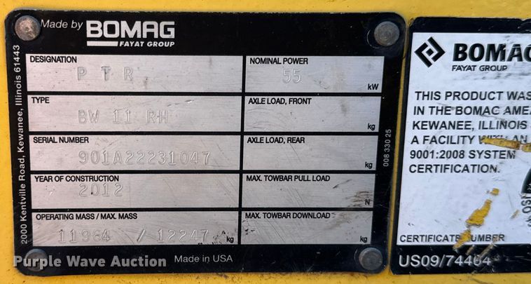 image for item DL4443 2012 Bomag BW11RH pneumatic roller