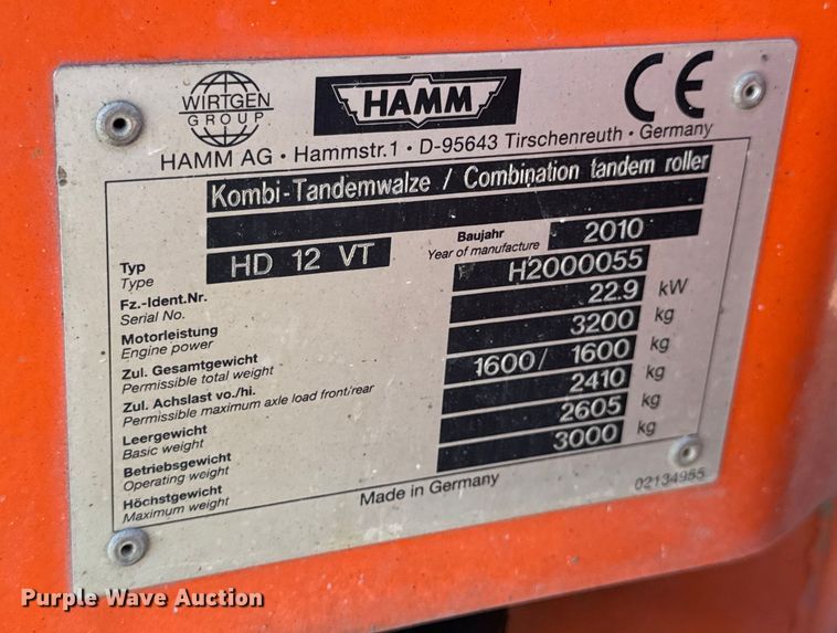 image for item DL4450 2010 Hamm HD12 VT combination vibratory roller