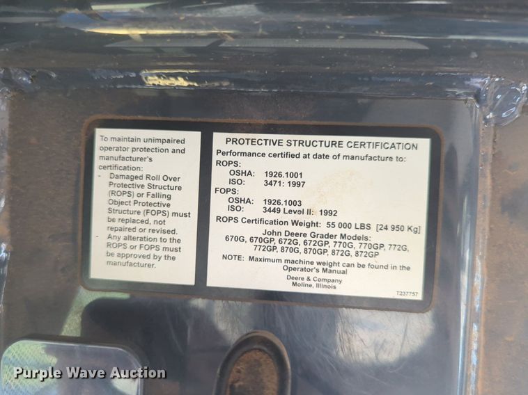 image for item DW5018 2012 John Deere 672G motor grader