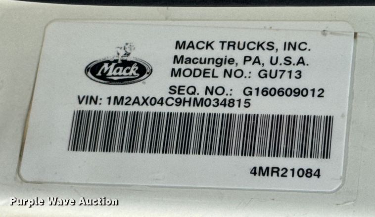 image for item DX0639 2017 Mack GU713 dump truck