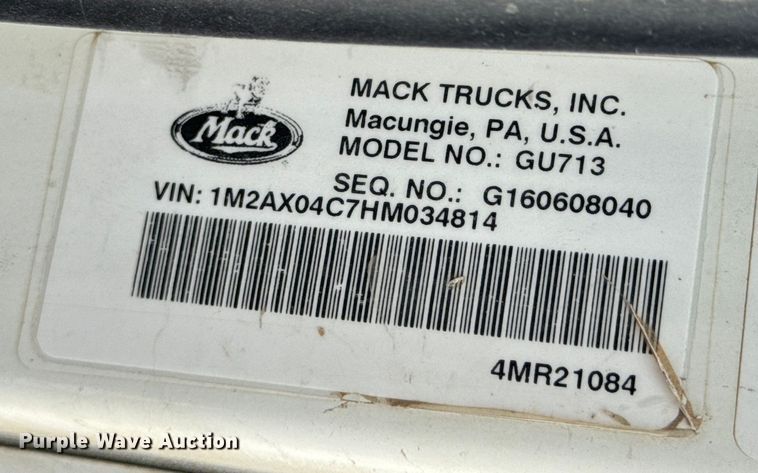 image for item DX0640 2017 Mack GU713 dump truck