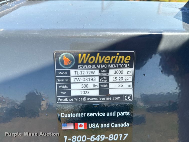 image for item EH4018 2023 Wolverine  TL-12-72W skid steer tiller