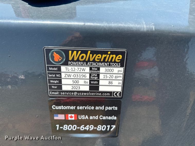 image for item EH4031 2023 Wolverine  TL-12-72W skid steer tiller