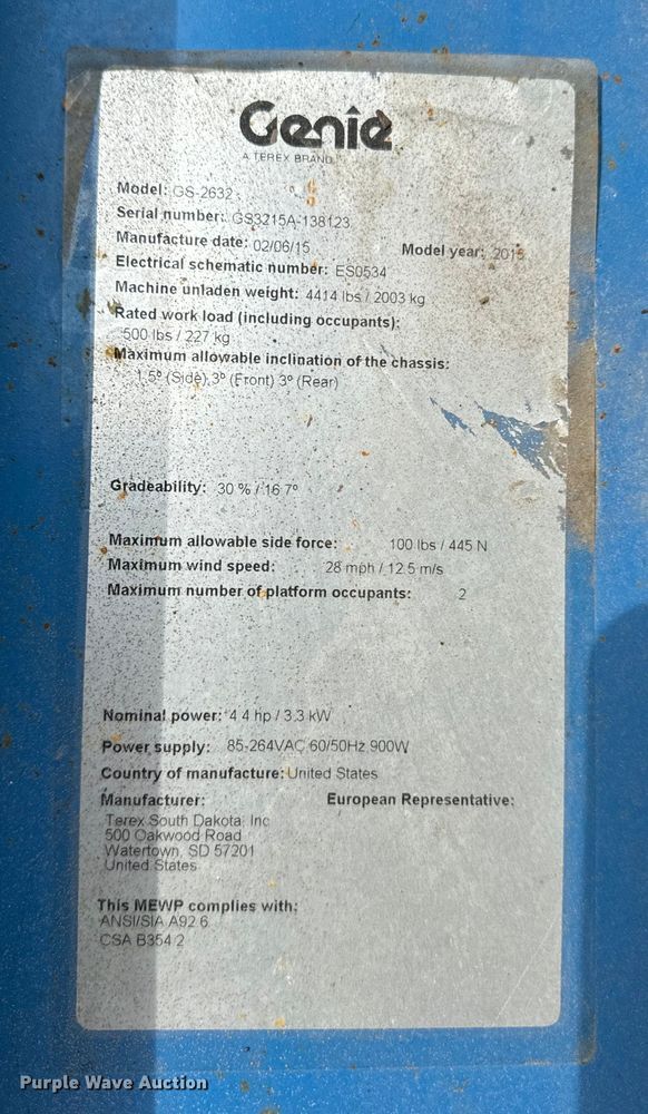 image for item EH6879 2015 Genie GS2632 scissor lift