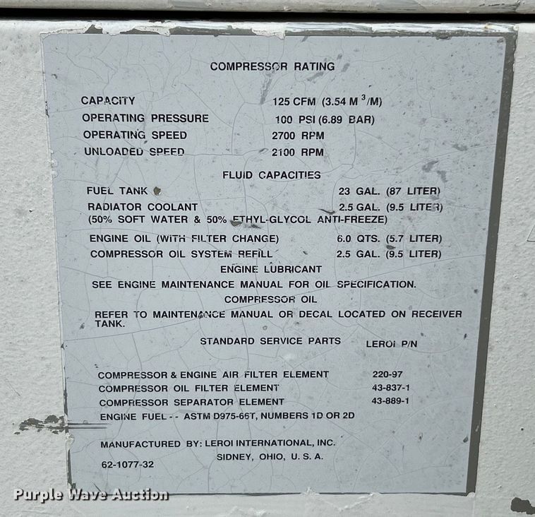 image for item EK4430 1999 LeRoi Q125DJ-E air compressor