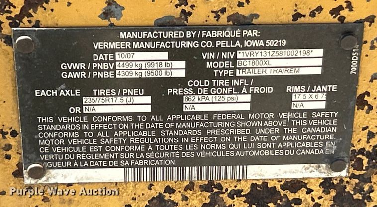 image for item EK4787 2008 Vermeer BC1800XL wood chipper