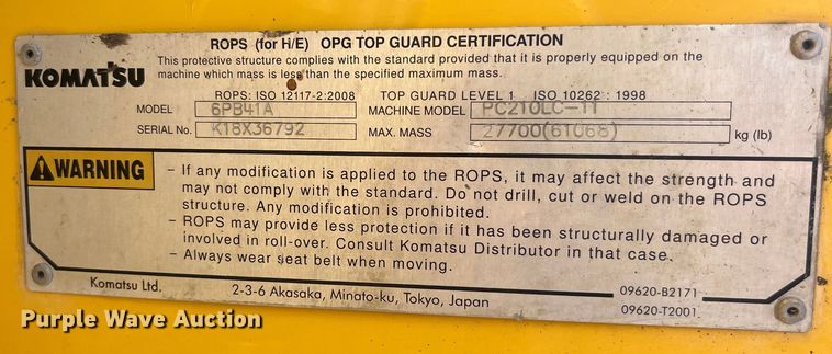 image for item EK8668 2019 Komatsu PC210LC-11 excavator