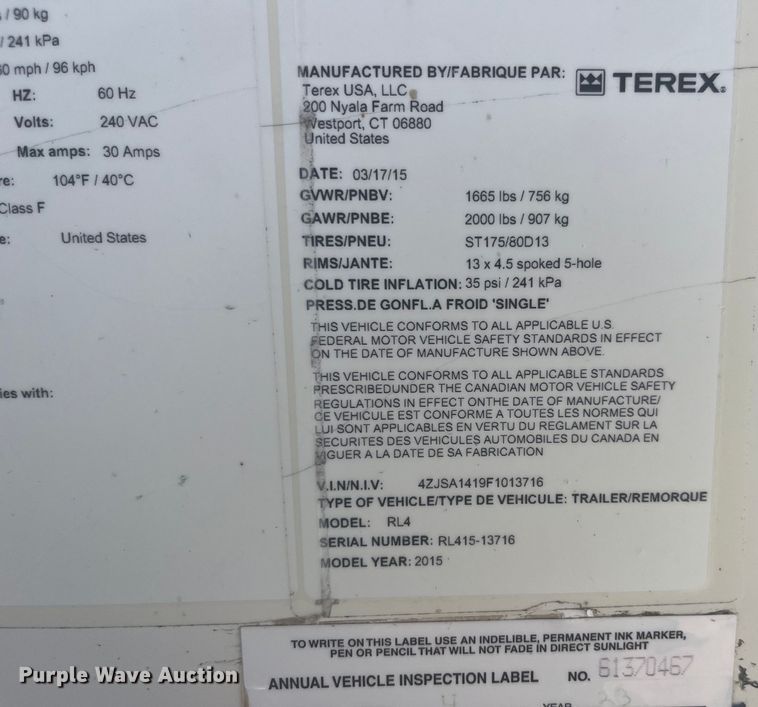 image for item EK8676 2015 Terex RL4 light plant