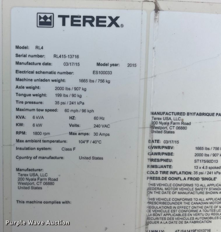 image for item EK8676 2015 Terex RL4 light plant
