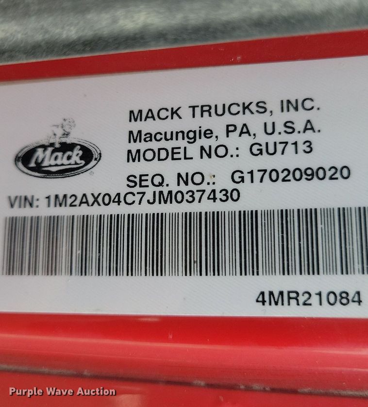 image for item KB9012 2018 Mack GU713 dump truck