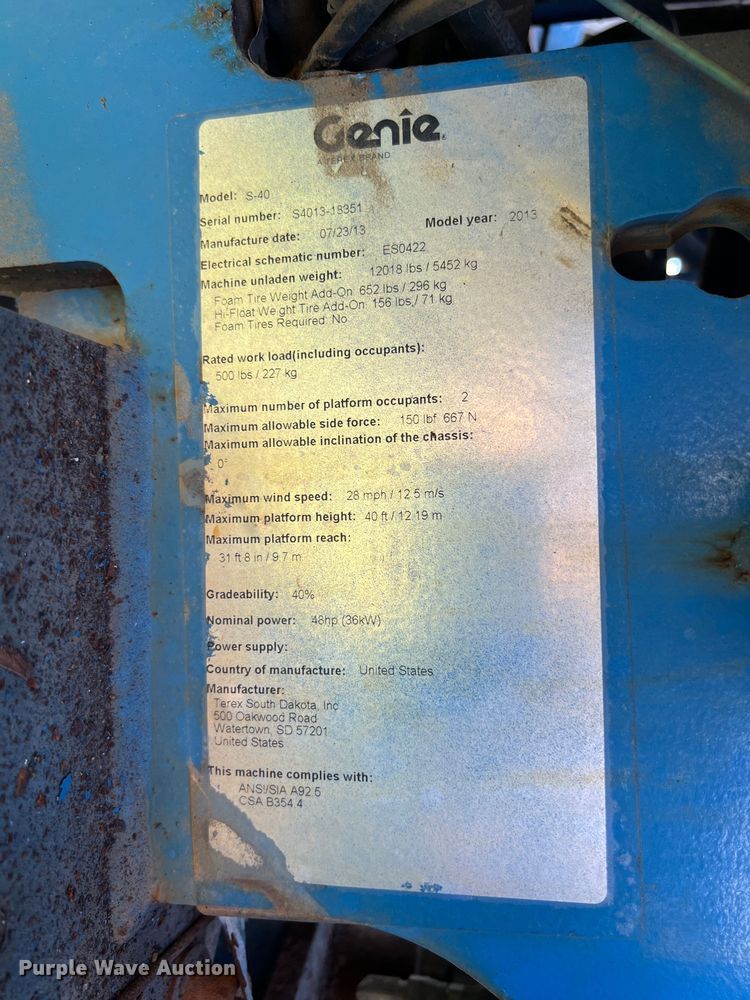 image for item LU9918 2013 Genie  S-40 boom lift