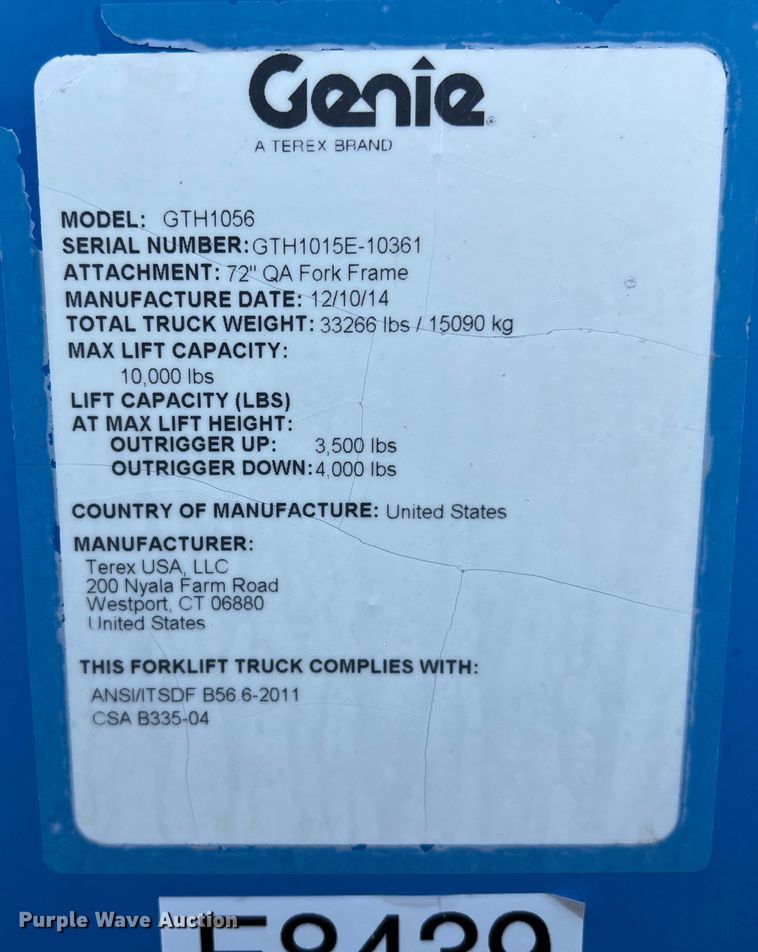 image for item LU9933 2015 Genie GTH-1056 telehandler