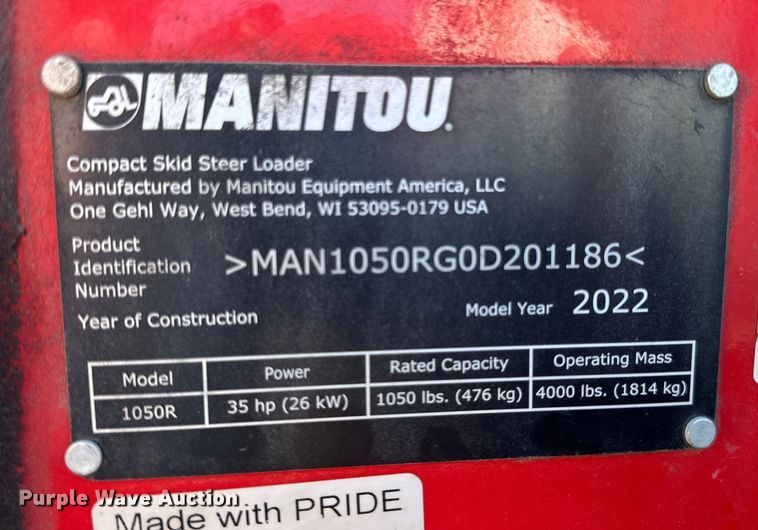 image for item OG9559 2022 Manitou 1050R skid steer loader