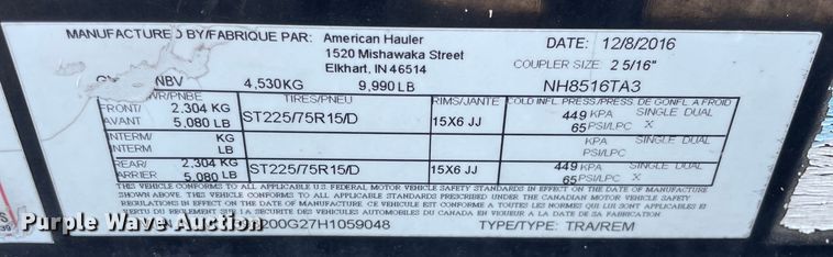 image for item OG9996 2017 American Hauler enclosed cargo trailer