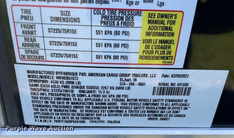 image for item OG9997 2023 Wells Cargo WVHD8516T3 enclosed cargo trailer