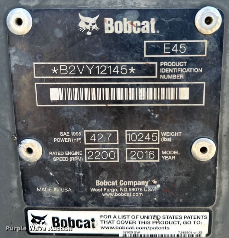 image for item OL9569 2016 Bobcat E45 mini excavator