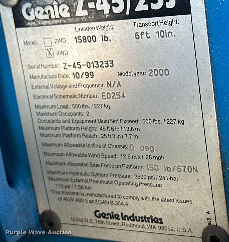 image for item OL9575 2000 Genie Z45/25J boom lift