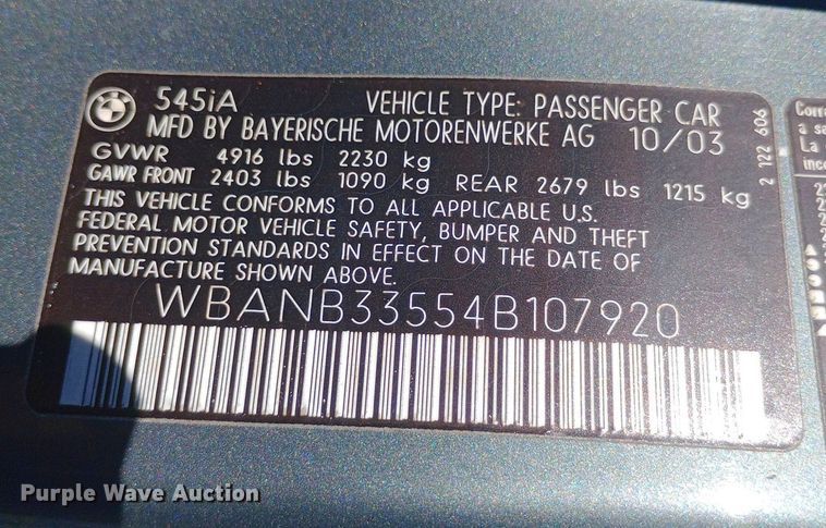 image for item DQ7147 2004 BMW 545i 