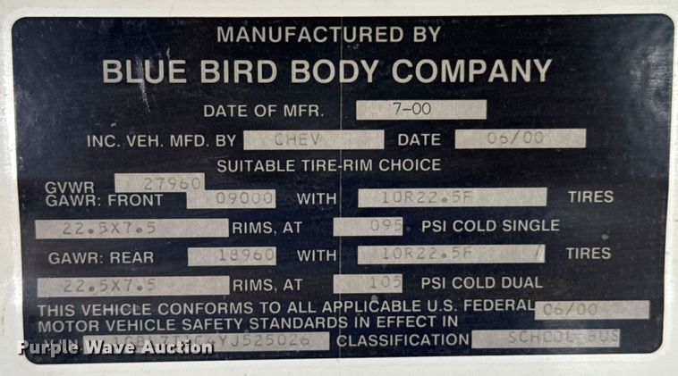 image for item DX0785 2001 Blue Bird B7 school bus