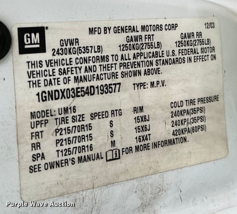 image for item EH3998 2004 Chevrolet  Venture van