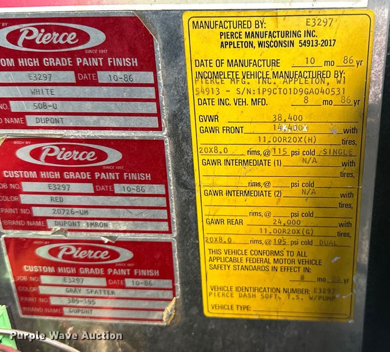 image for item EJ4359 1986 Pierce E3297 Quint fire truck