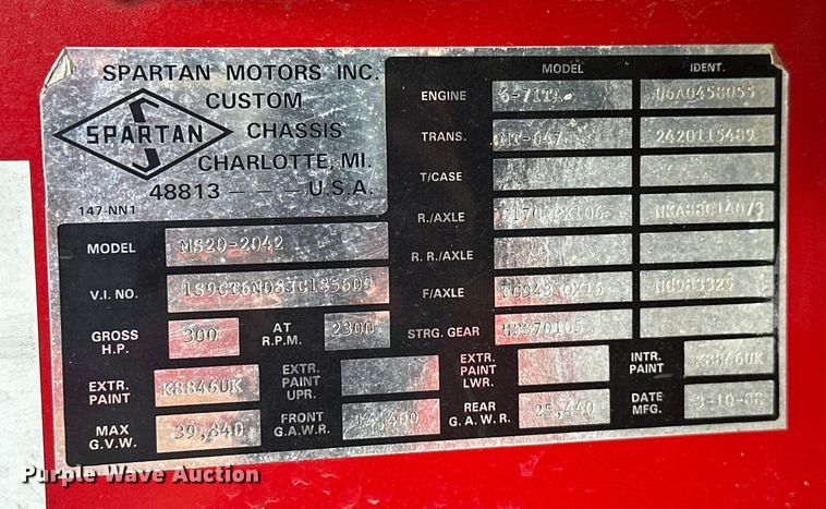 image for item EJ4360 1988 Spartan MS20-2042 pumper fire truck