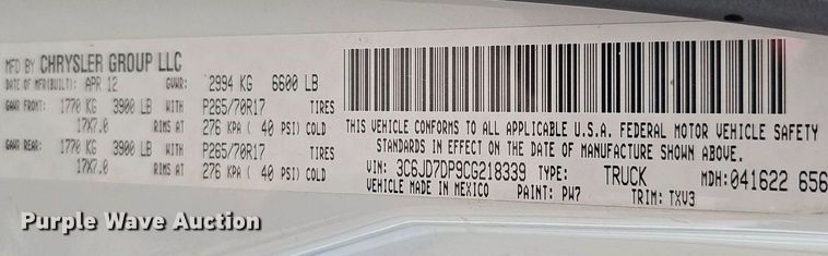 image for item EJ5649 2012 Dodge Ram 1500 pickup truck