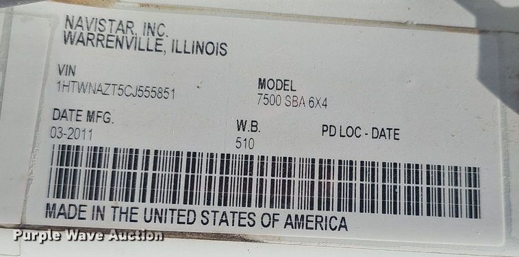 image for item EJ5652 2012 International  WorkStar 7500 truck cab and chassis