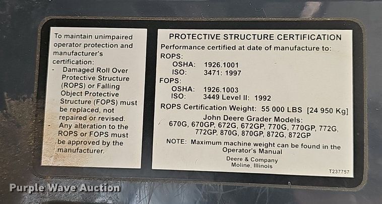 image for item EJ5671 2012 John Deere 770G motor grader