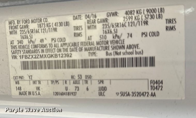 image for item EJ6842 2016 Ford Transit 350 van