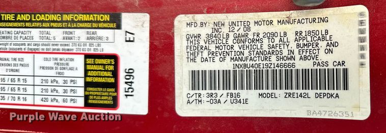 image for item EJ6882 2009 Toyota  Corolla 