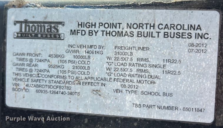 image for item EK4780 2013 Thomas Built Saf-T-Liner C2 school bus