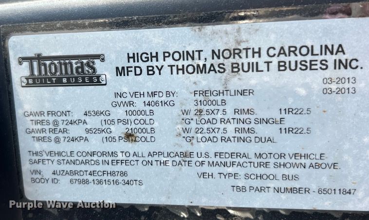 image for item EK4781 2014 Thomas Built Saf-T-Liner C2 school bus