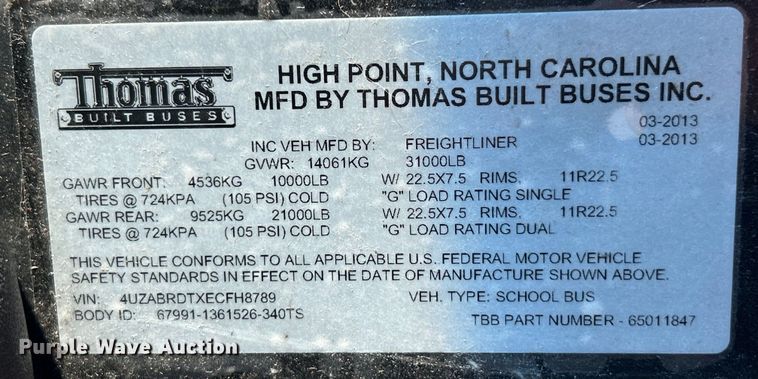 image for item EK4782 2014 Thomas Built Saf-T-Liner C2 school bus