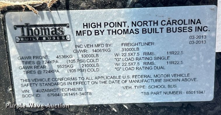 image for item EK4783 2014 Thomas Built  Saf-T-Liner C2 school bus