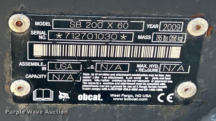 image for item EK4794 2009 Bobcat SB 200X60 skid steer snow blower