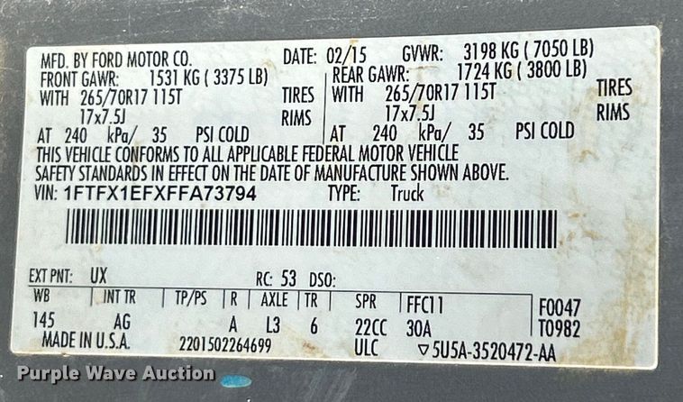 image for item EK4837 2015 Ford F150 XL SuperCab pickup truck