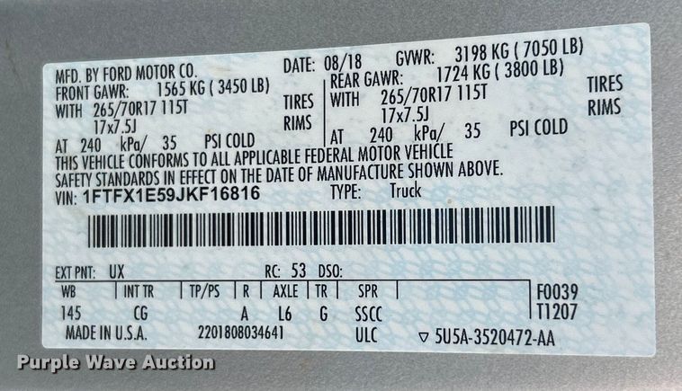 image for item EK4839 2018 Ford F150 XL SuperCab pickup truck